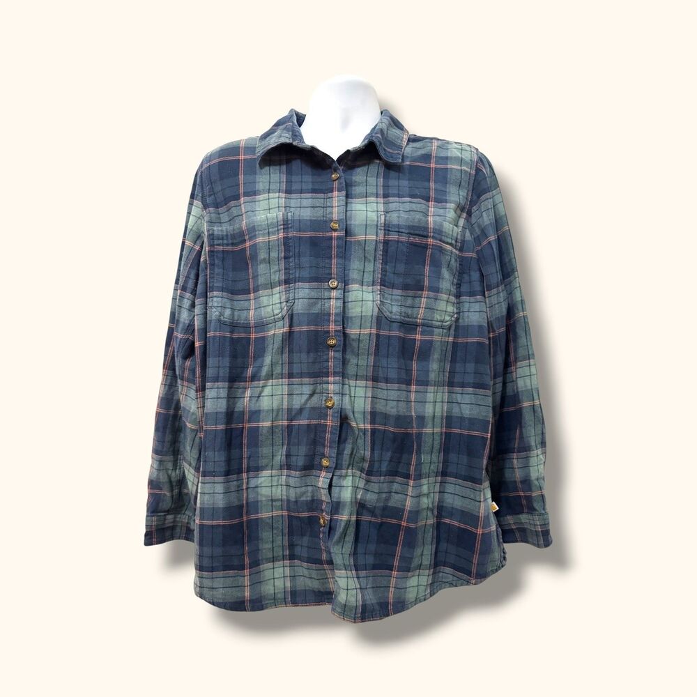 Carhartt Shirt Womens 1X Plaid Button Up Long Sleeve Flannel Cotton Green Navy
